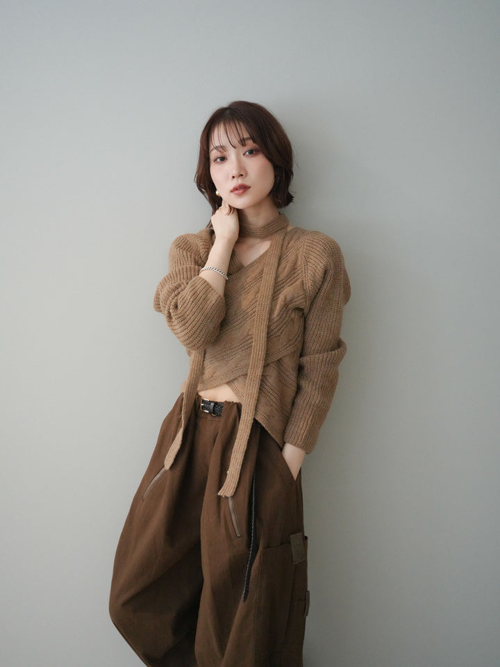 [予約]ケーブル編みクロスニットトップス/camel