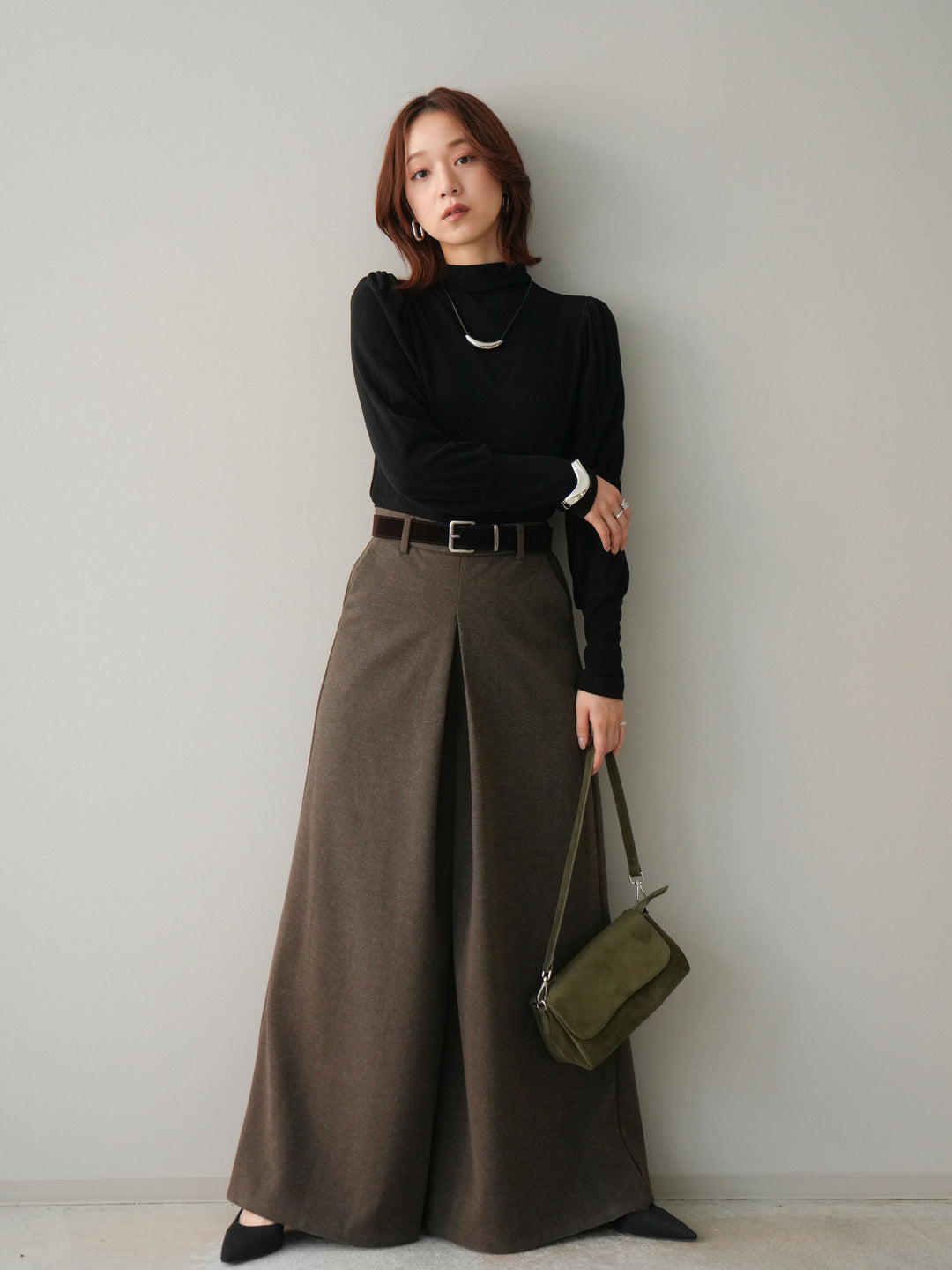 [予約]ベルト付きフロントタックワイドパンツ/brown