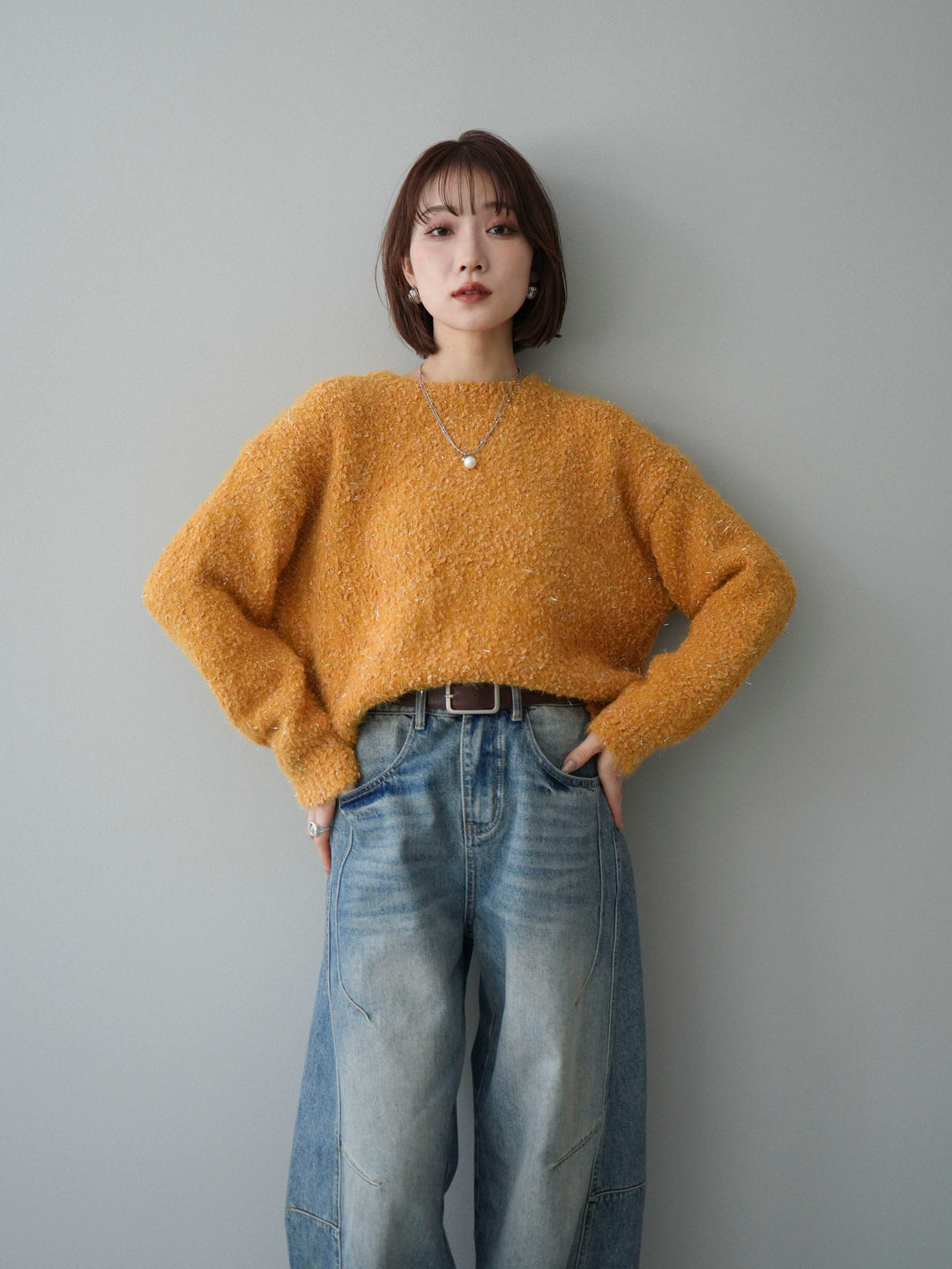 [予約]モールラメミックスヤーンニットプルオーバー/yellow