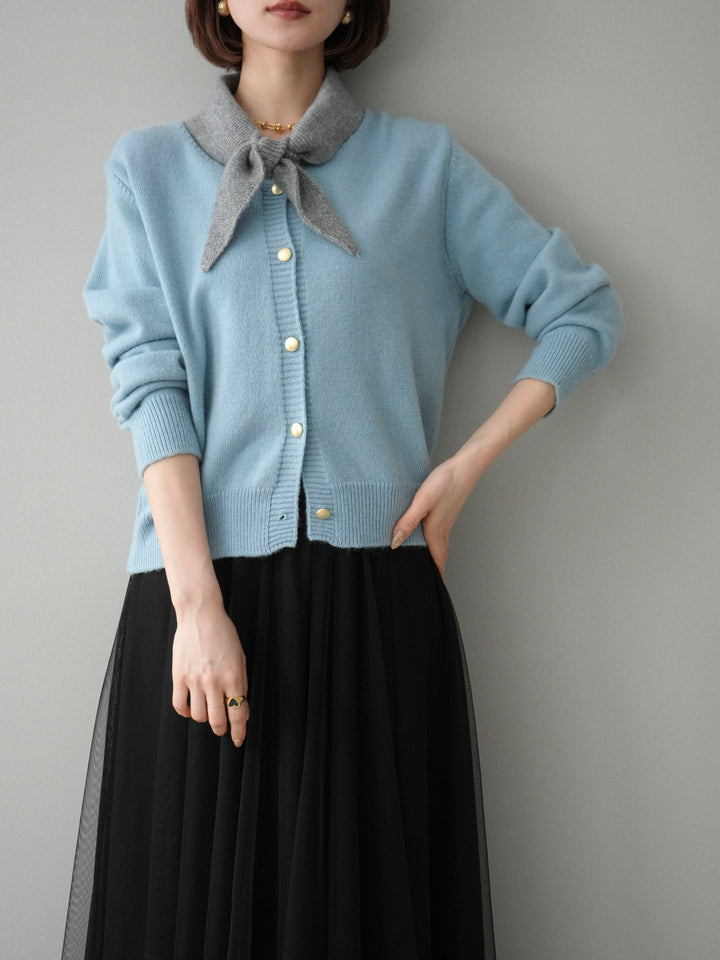 [SET]デザイン襟ニットカーディガン+チュールボリュームスカート(2set)