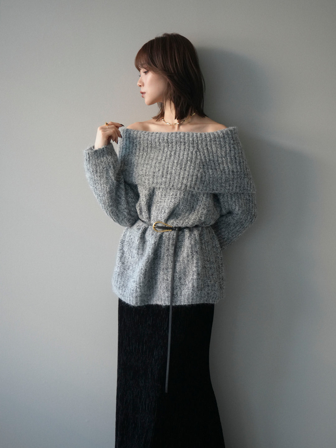 [予約]オフショルミックスニットプルオーバー/gray