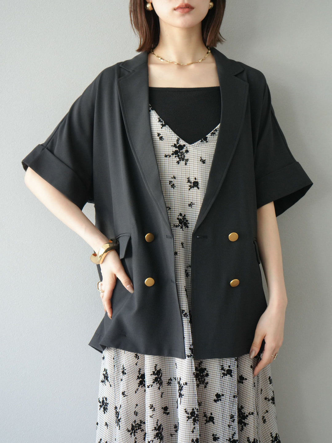 [套裝] 植絨薄紗層疊天鵝絨吊帶連身裙 + 金色紐帶半夾克 (2 套)