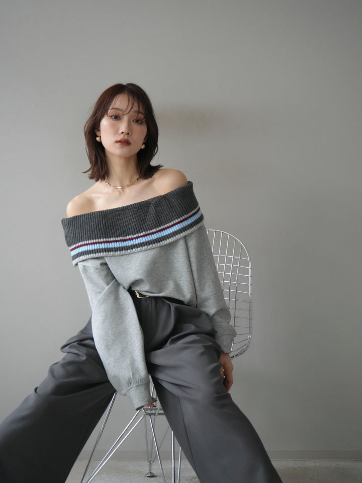 [予約]ボーダーニットオフショルダーxスウェットプルオーバー/gray