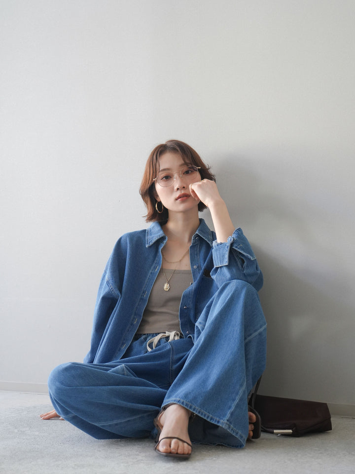 [SET]ポイントレザーオーバーデニムシャツ+ドロストワイドデニムパンツ(2set)