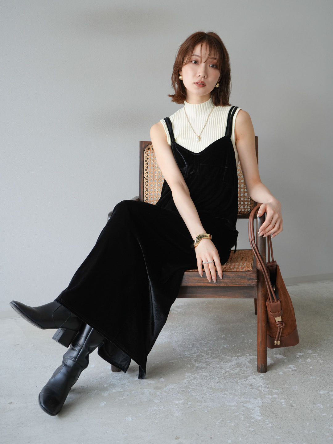 [予約]ボトルネックワッフル編みノースリーブニットトップス/オフホワイト