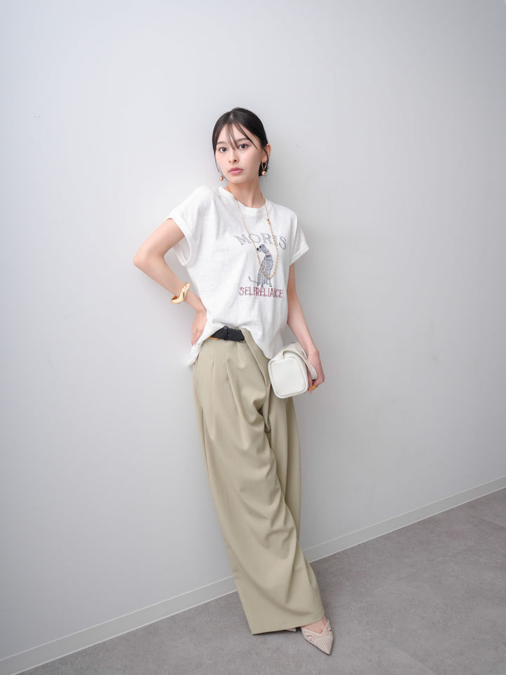 [SET]ドッグエンブロイダリーTEE+アシンメトリーベルトタックワイドパンツ(2set)