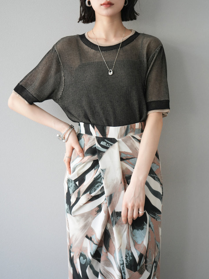 [SET]リネンタッチ配色二重臼ハーフニットトップス+選べるアソート柄スカートセット(2set)