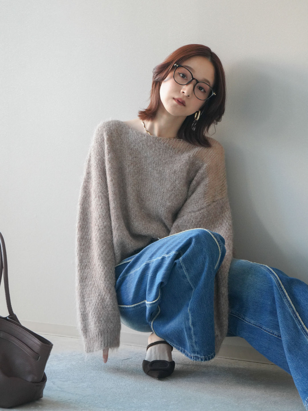 [SET]透かしデザインニットプルオーバー+サイドフリンジワイドデニムパンツ(2set)