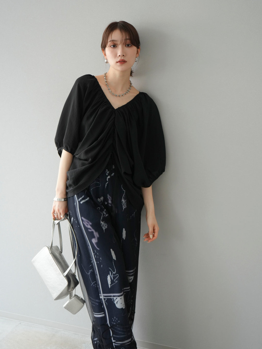 [SET]コード刺繍チュールレイヤードパンツ+ペイント柄タックパンツ(2set)