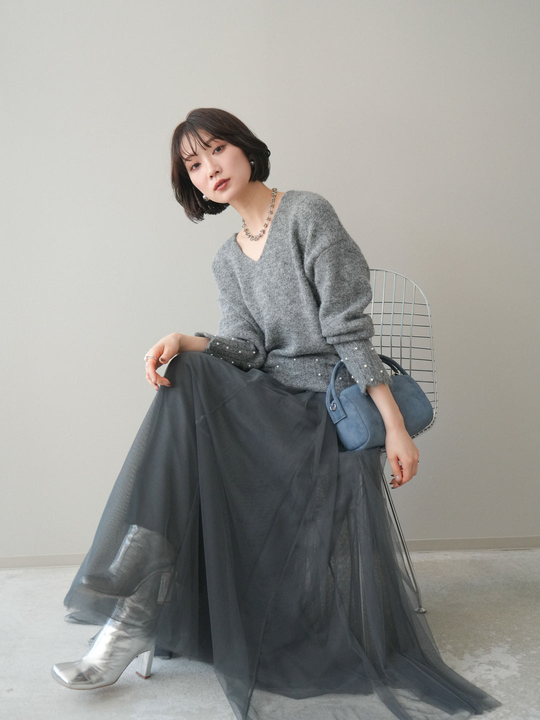 [SET]パールフリルリブヘムニットプルオーバー+選べるアクセセット(2set)