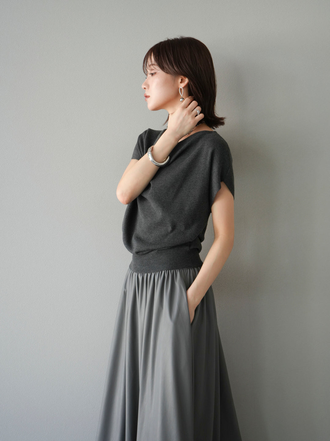 [予約]ドレープドルマンフレンチスリーブニットトップス/グレー