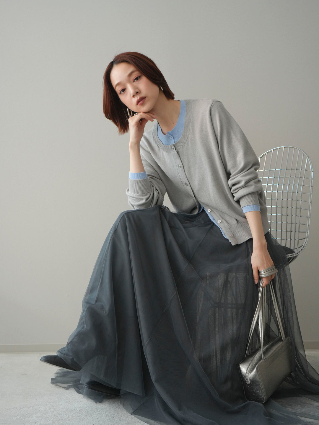 [予約]配色レイヤードコットンアクリルニットカーディガン/mokugray