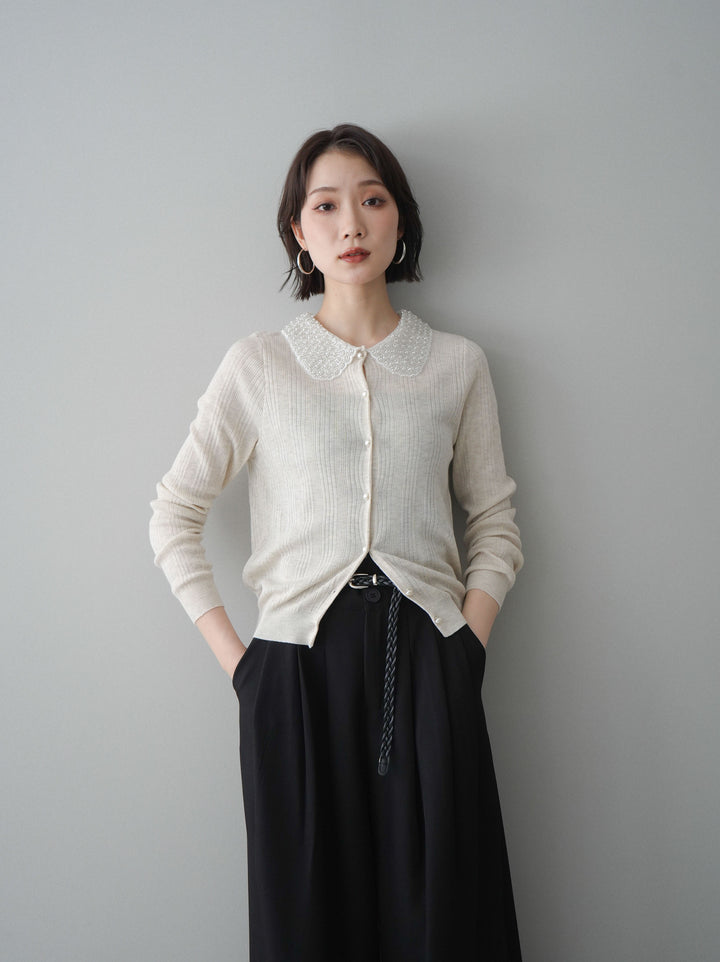 [SET]ビジュー襟パールボタンニットカーディガン+編み込みベルト付タックワイドパンツ(2set)