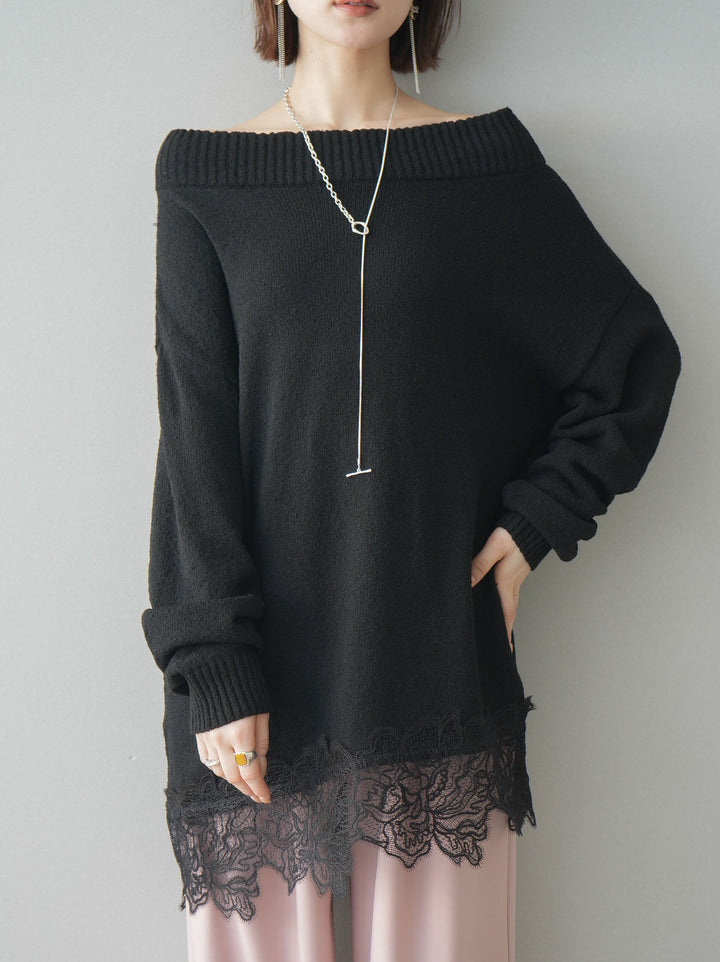 [SET]アシンメトリーレースヘムニットプルオーバー+ベルト付キーホルダーモチーフワイドパンツ(2set)
