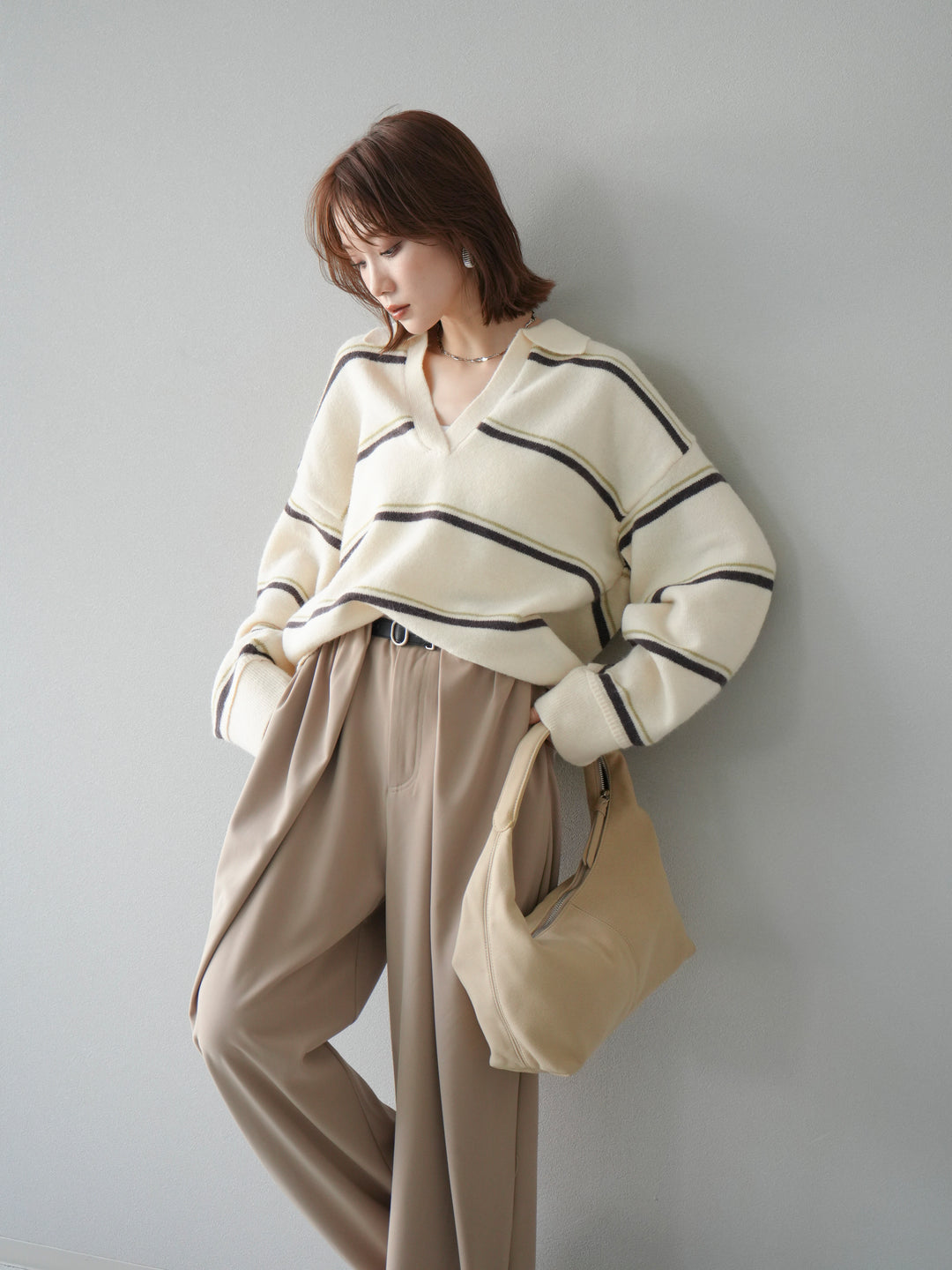 [予約]ポロ襟スキッパーボーダーニットプルオーバー/アイボリー