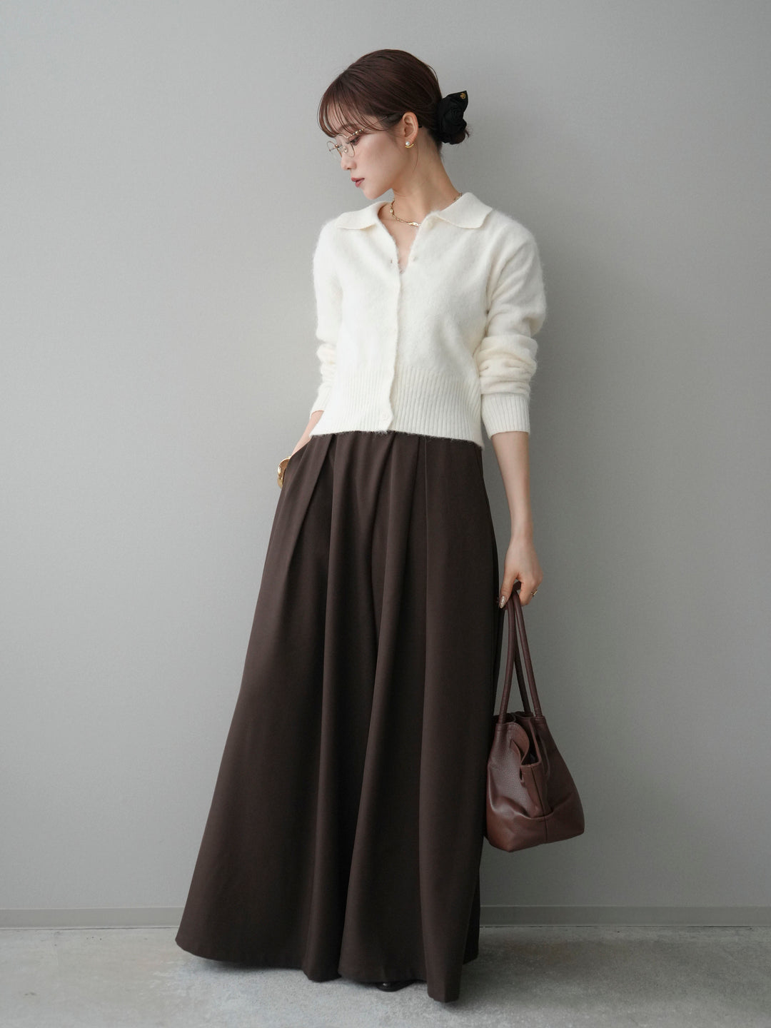 [SET]モヘア衿付きボタンプルオーバー+テープベルトタックバギーパンツ(2set)