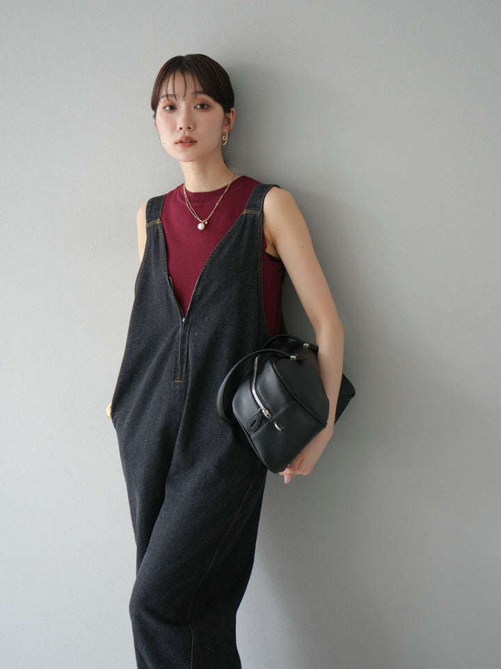 [予約]フロントZIP Vネックデニムサロペット/ブラック