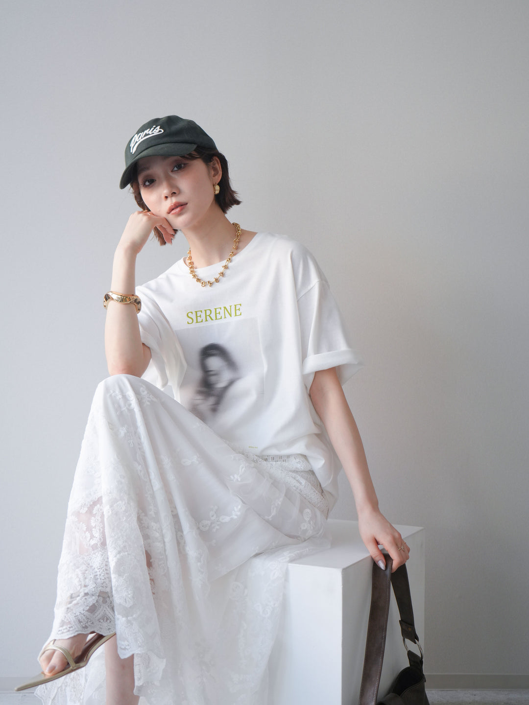 [SET]ブラーアートフォトTシャツ+シアーレースマキシスカート(2set)