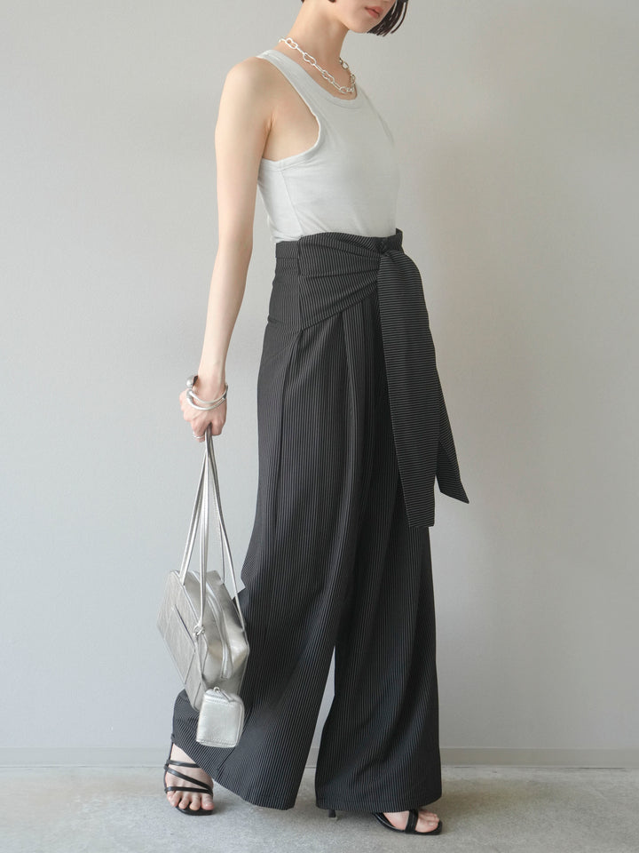 【預購】條紋裹腰闊腿褲/黑色