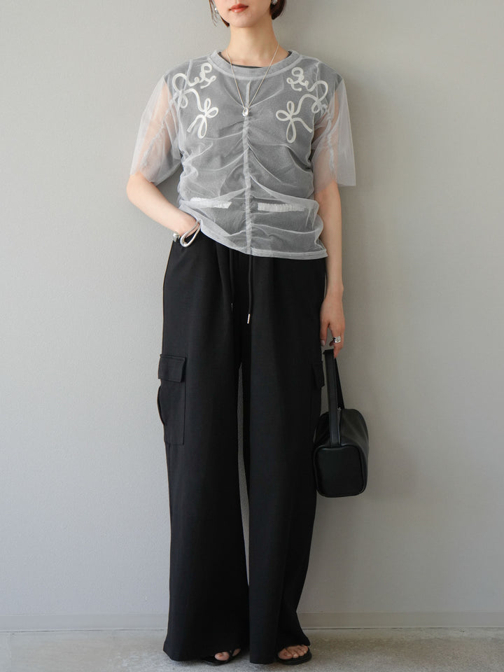 [SET]ラメチュールシャーリングプルオーバー+コード刺繍フレンチスリーブTシャツ+ウエストラインサイドポケットスウェットパンツ(3set)