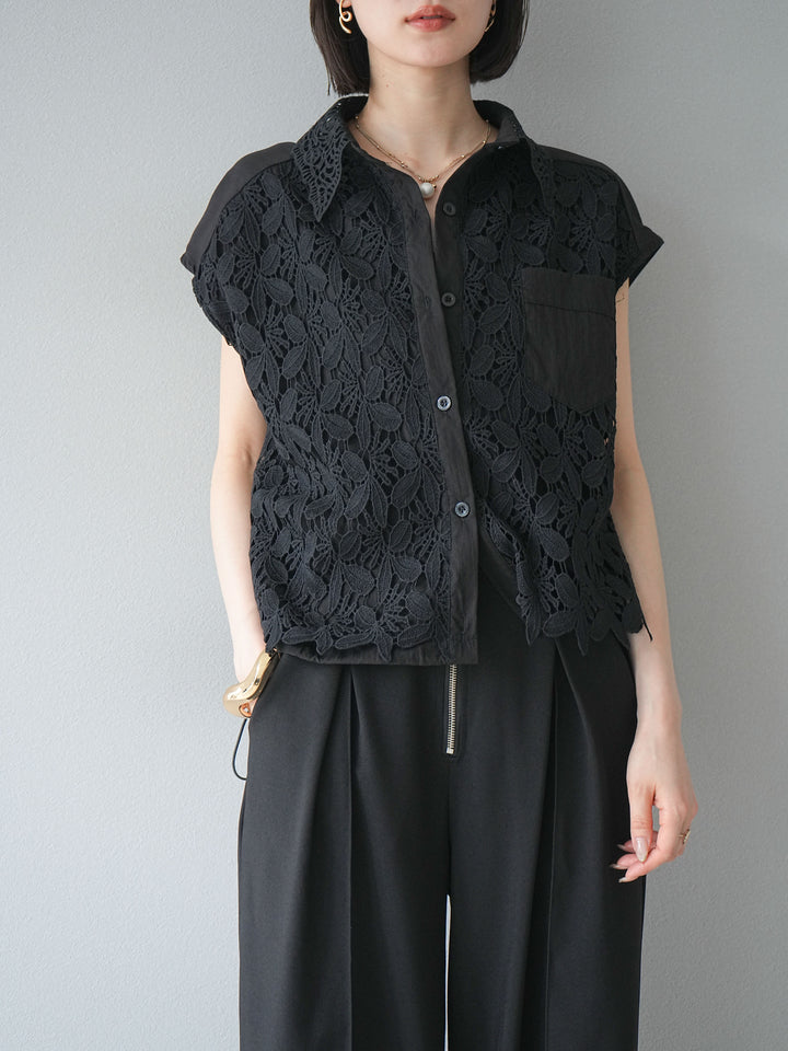【預購】蕾絲分層抽繩襯衫/黑色