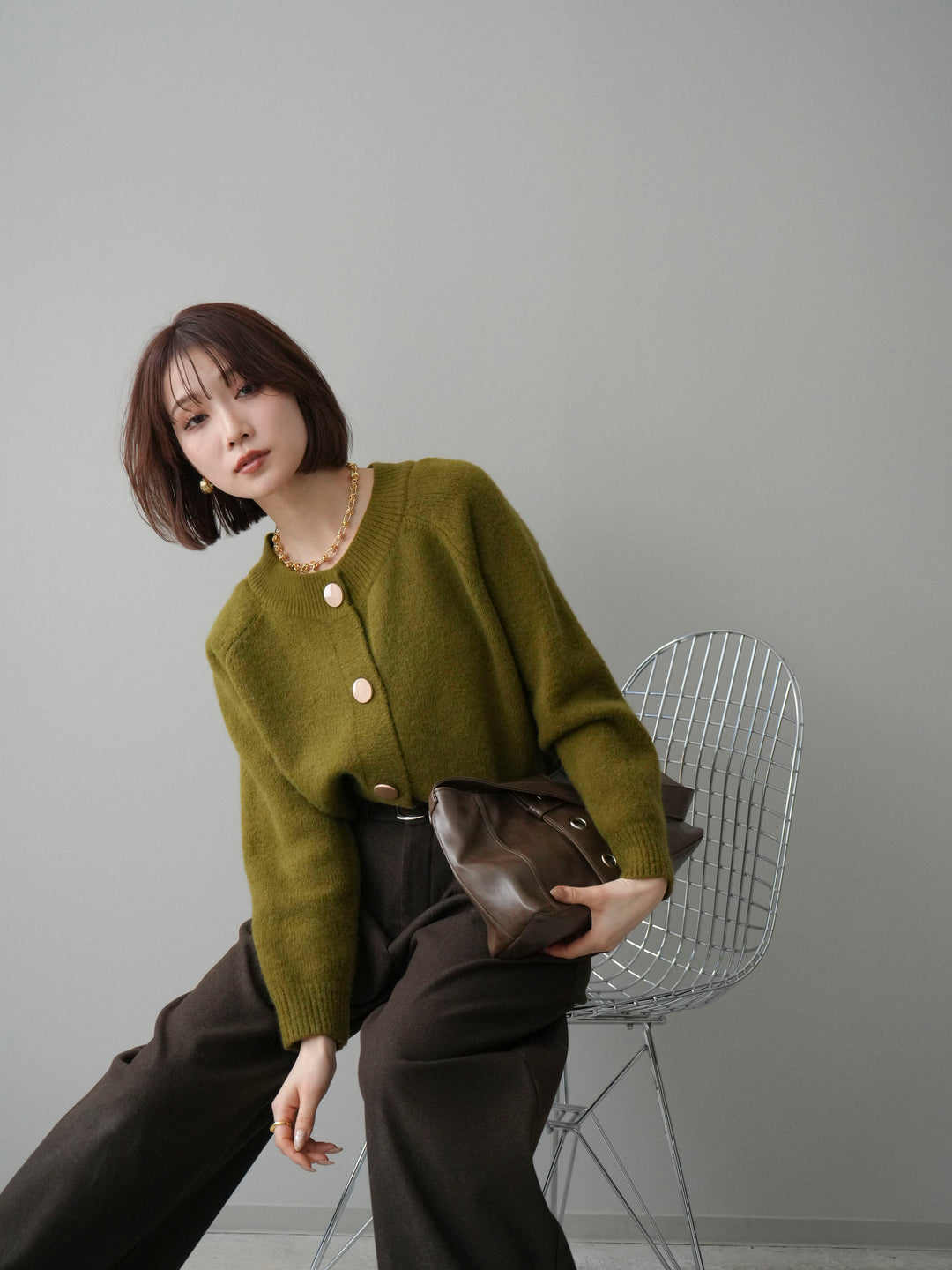 [SET]BIGボタンニットカーディガン+アニマル柄ベルト付きウールタッチワイドパンツ(2set)