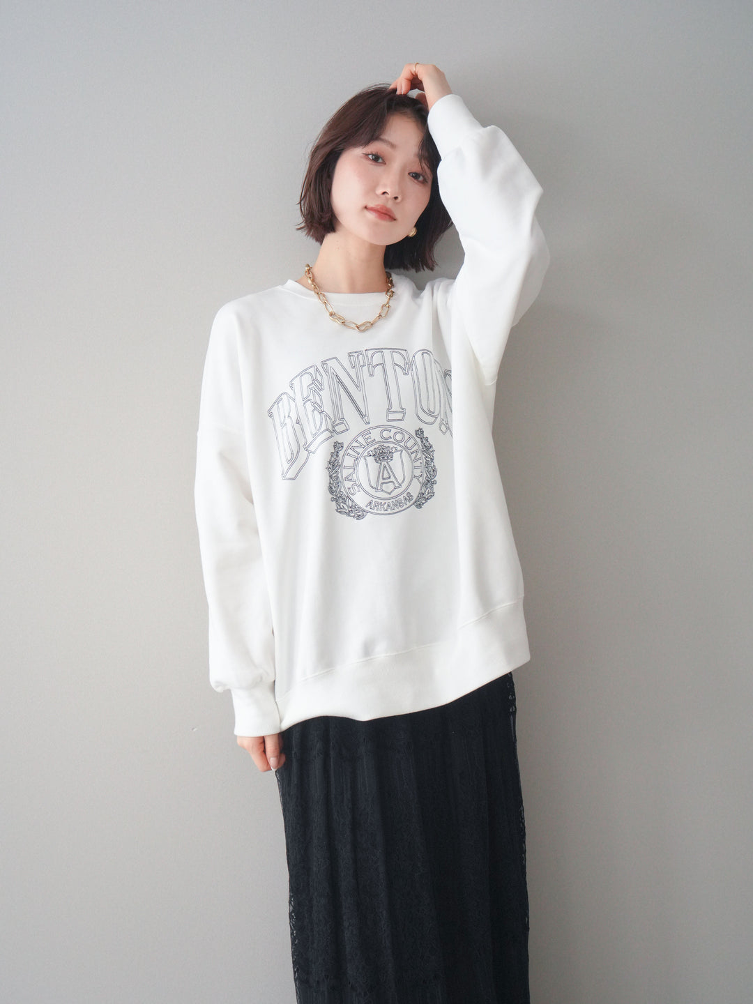 [SET]カレッジロゴ刺繍BIGスウェットプルオーバー+裏プリーツ総レースロングスカート(2set)