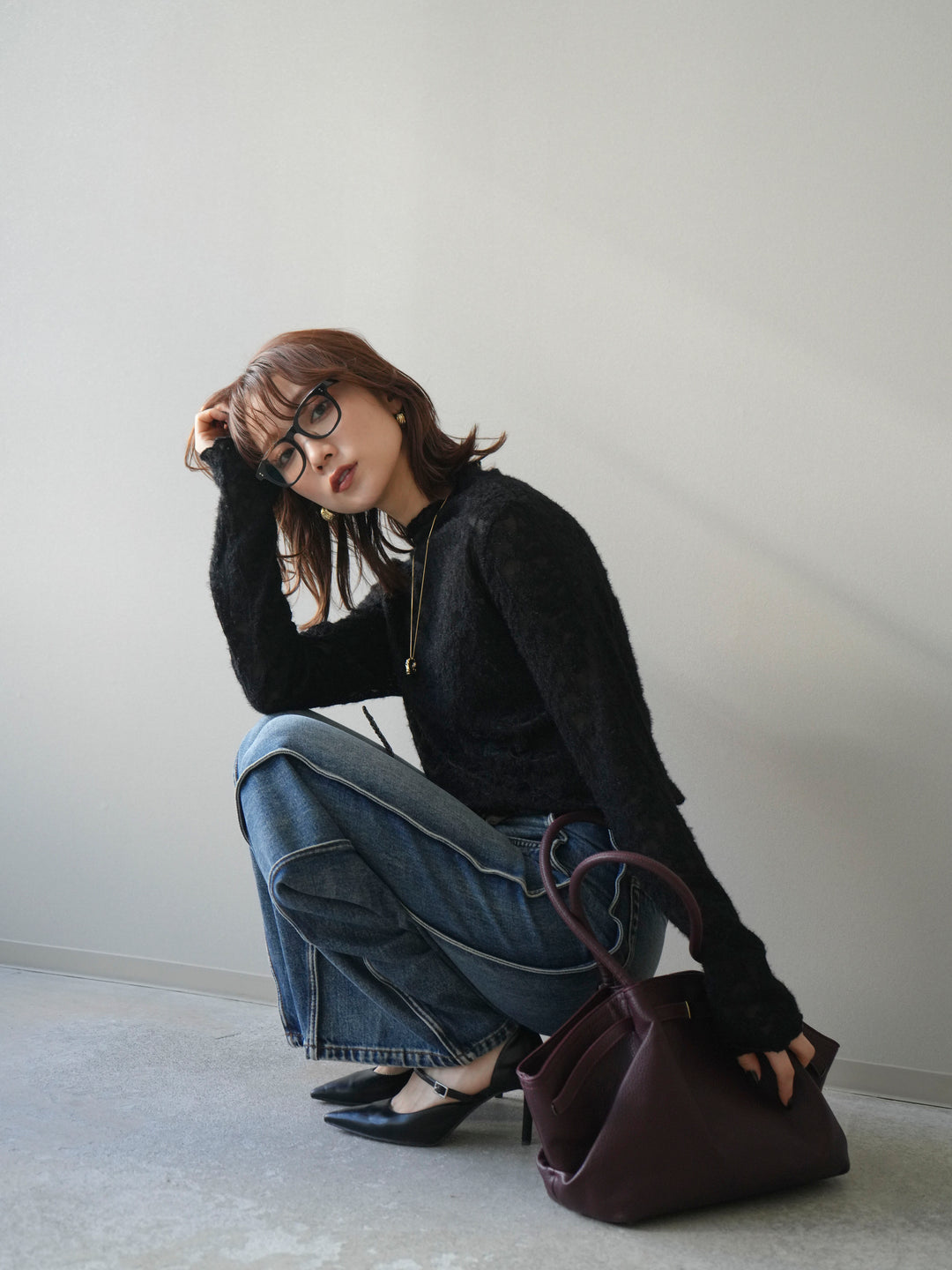 [予約]起毛レースプチネックトップス/black