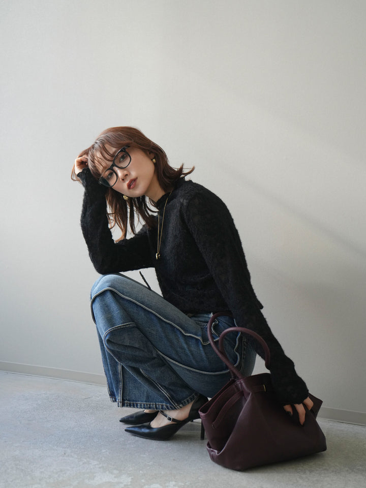 [予約]起毛レースプチネックトップス/black