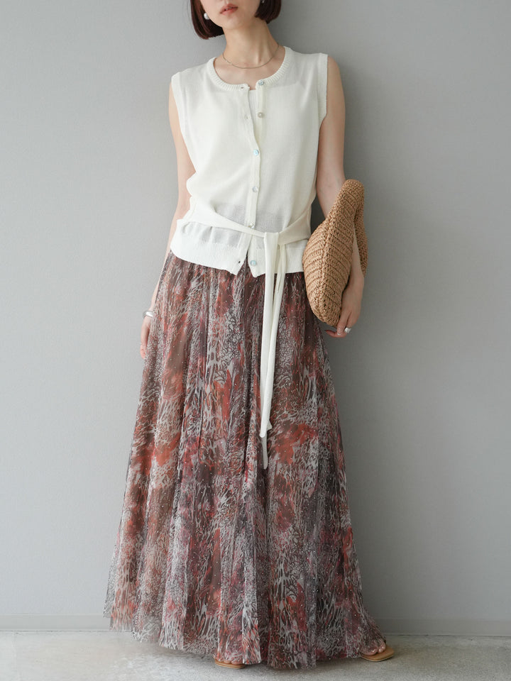 [予約]ニュアンス柄チュールレイヤードプリーツスカート/ブラウン