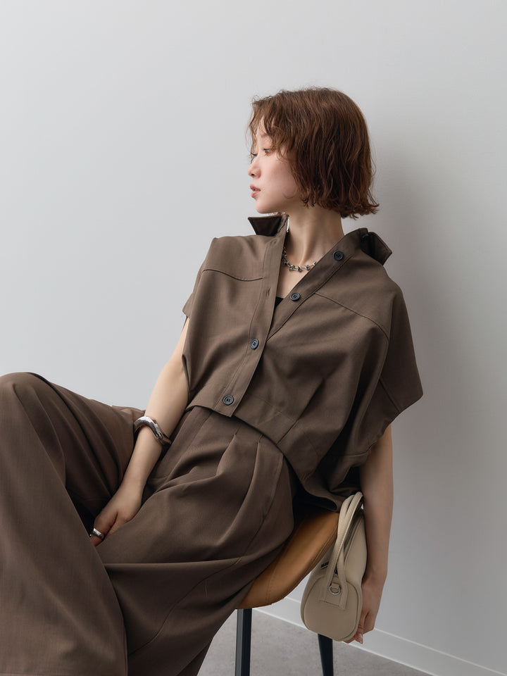 【套裝】縐綢燈籠無袖襯衫 + 縐綢闊腿褲（兩件套）