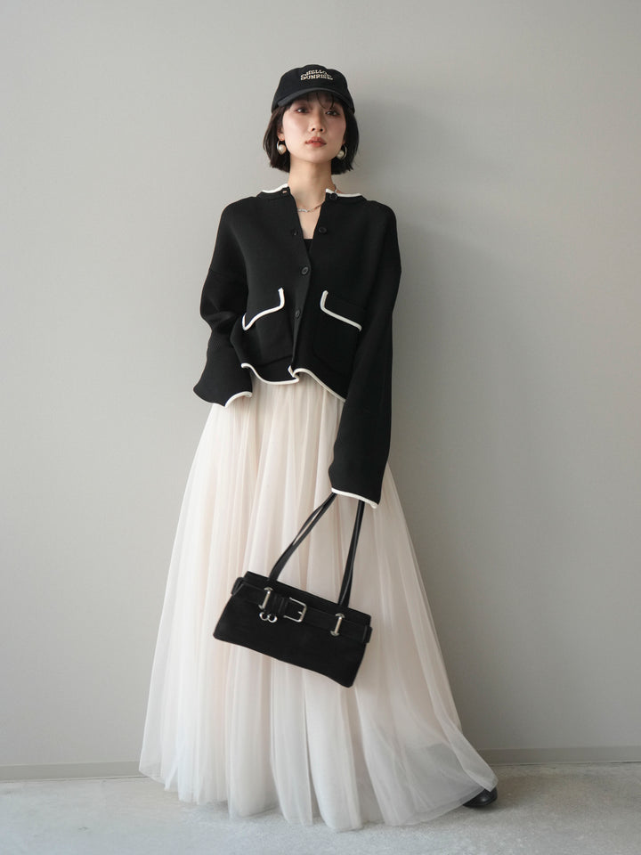 [SET]ポリエステル配色ニットカーディガン+チュールボリュームスカート(2set)