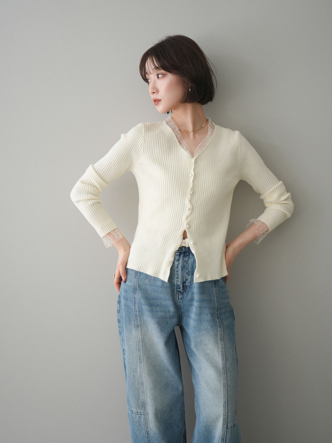 [SET]チュールドッキングパールボタンニットカーディガン+選べるアクセセット(2set)