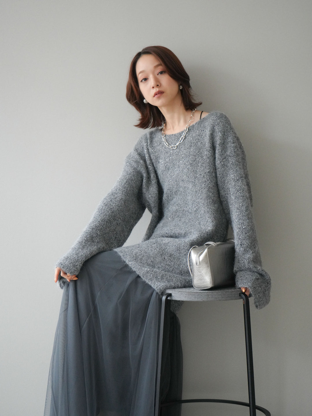 [予約]スパンコールミニシャギーニットチュニック/gray