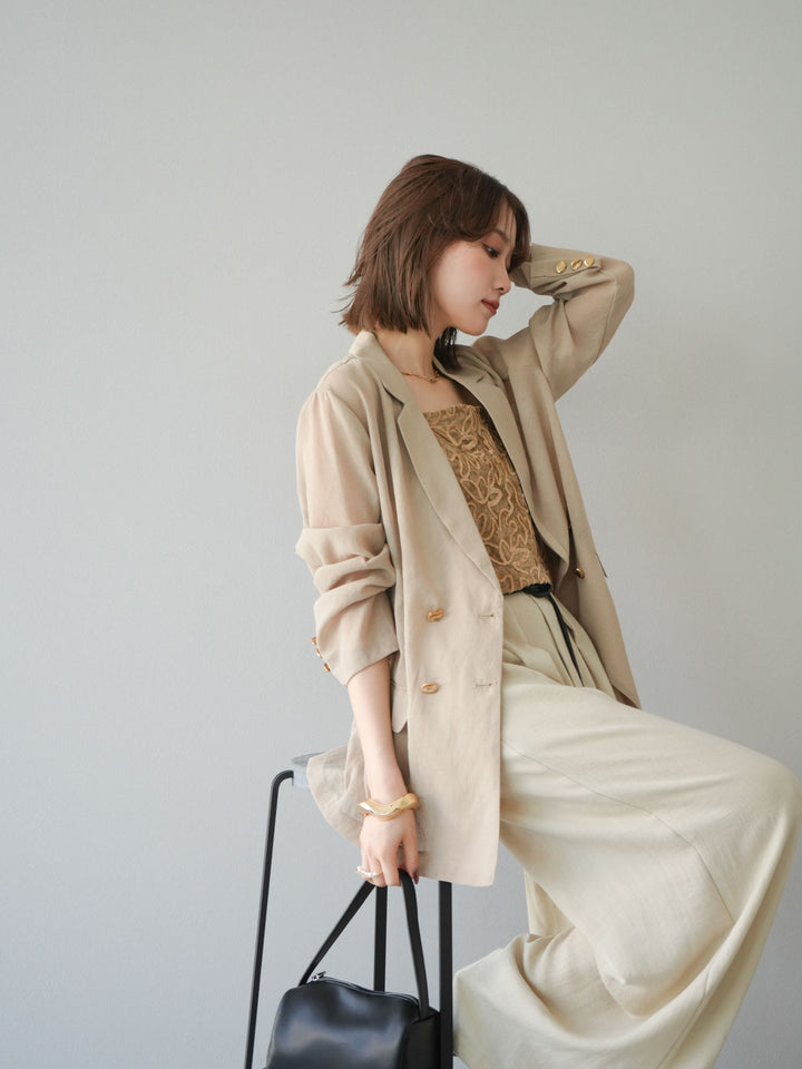 [SET] 金色扣環透視外套 + 滾邊花朵透視天鵝絨吊帶背心 + 繩紋腰帶麻感寬褲 (3 件套)