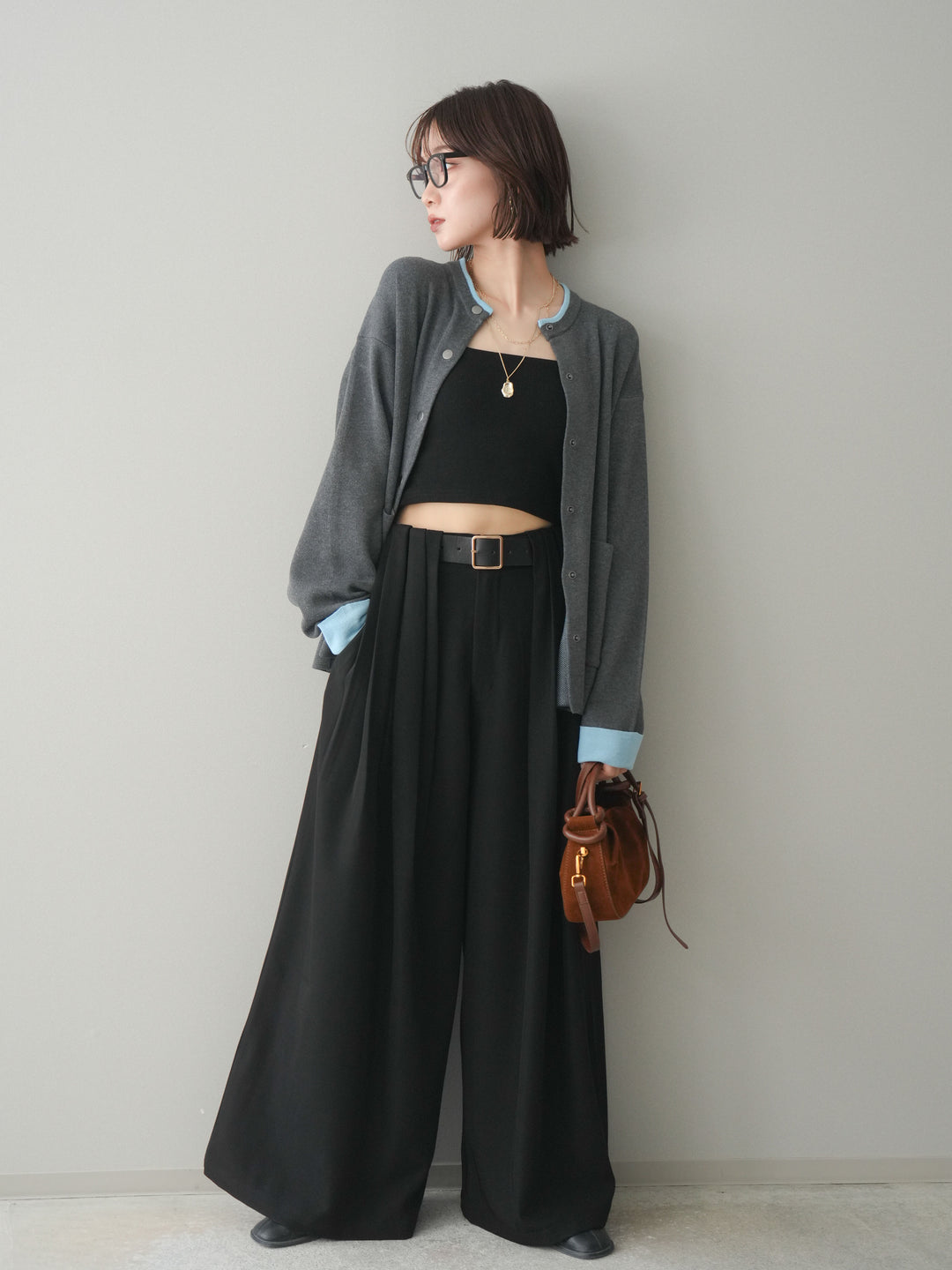 [SET]バイカラーオーバーニットカーディガン+タックベルトループワイドパンツ(2set)