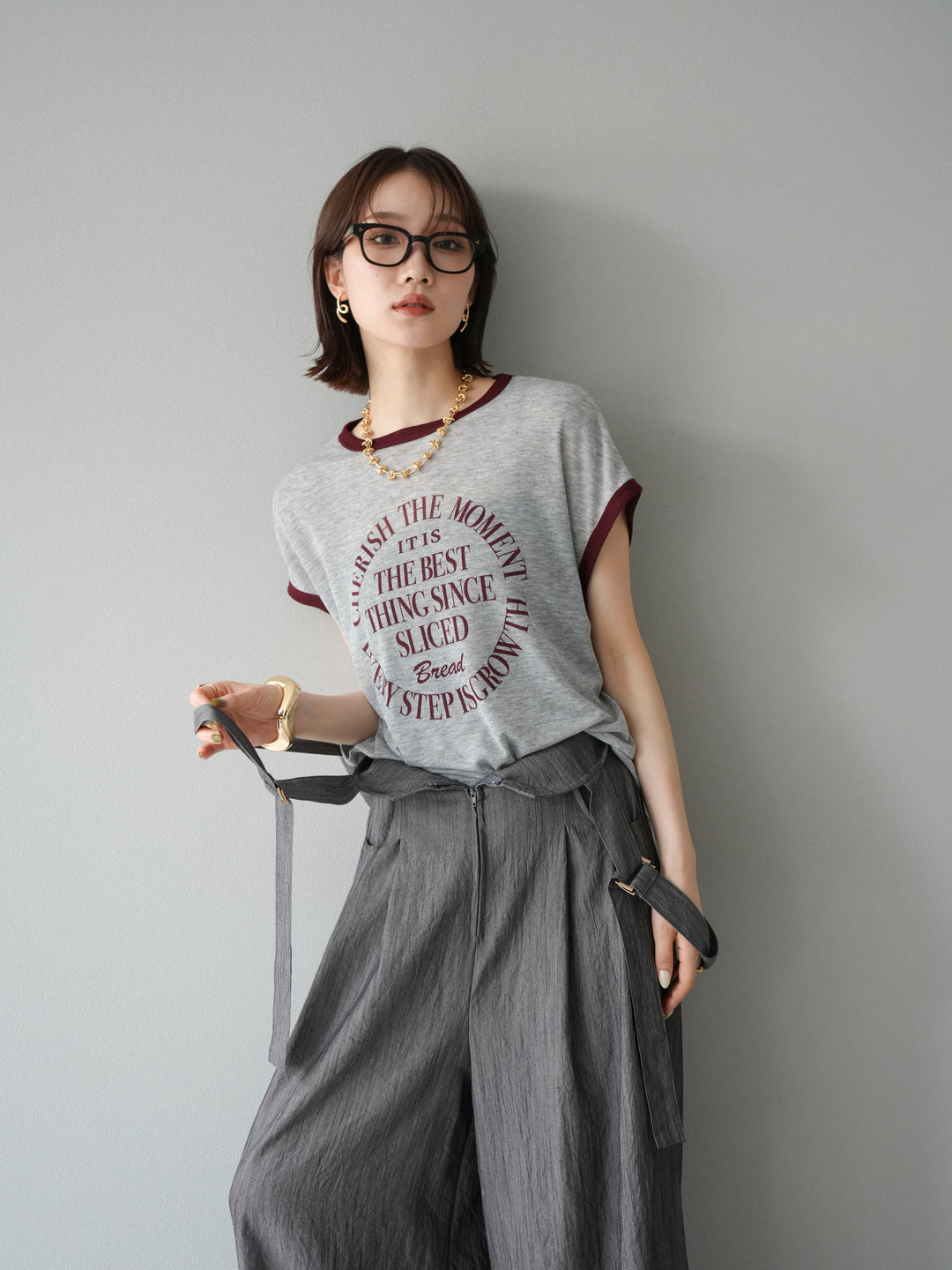 [予約]ストリングデザインハイウエストサロペット/チャコール