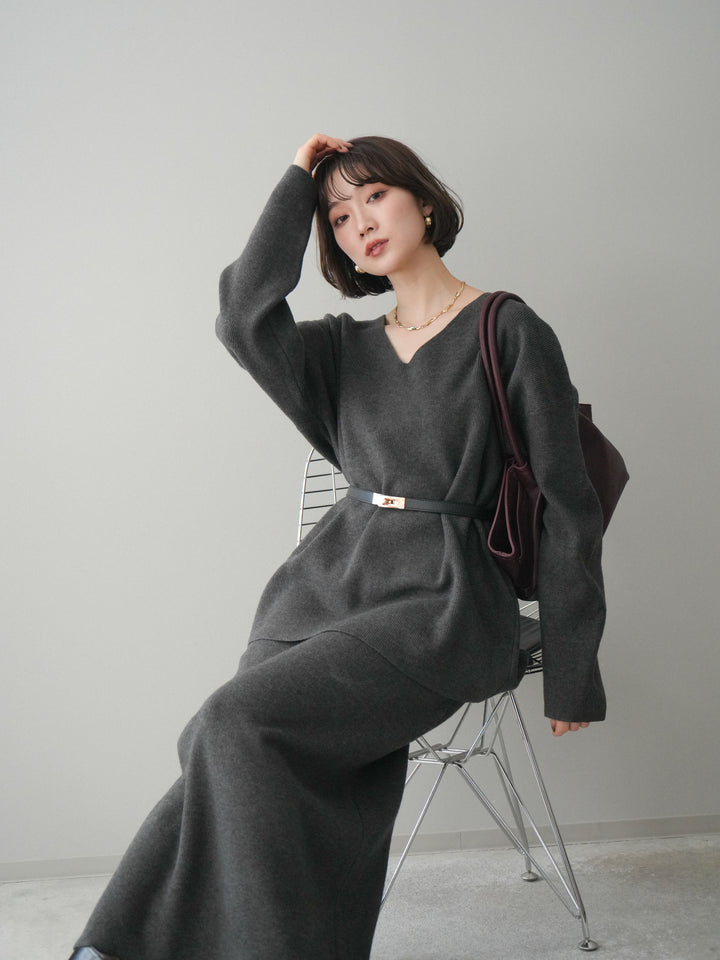 [SET]ベルト付Vネックニット＆スカートSET UP+ベルト付Vネックニット＆スカートSET UP(2set)