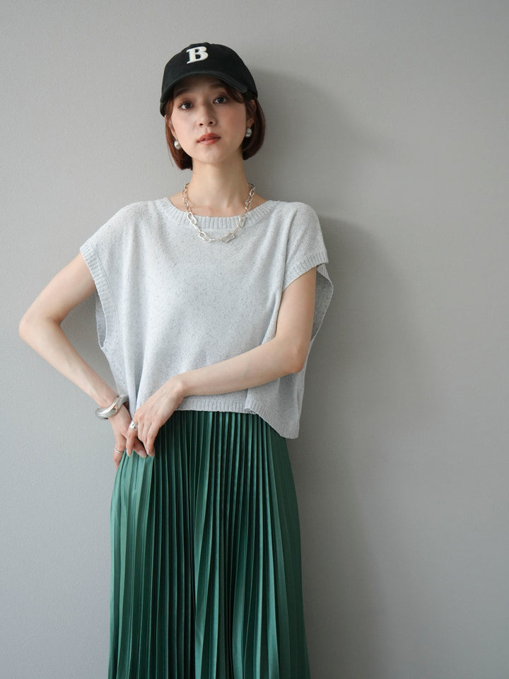 [SET]ネップヤーンクロップドニットベスト+サテンプリーツマキシスカート(2set)