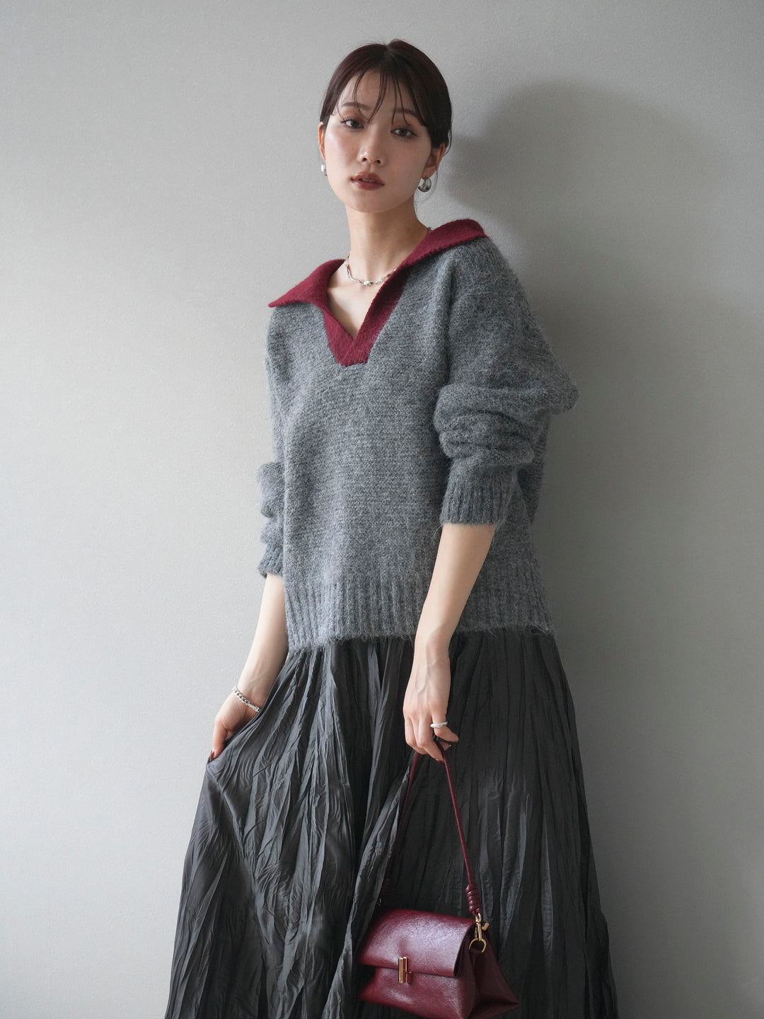 [予約]バイカラー襟付きニットプルオーバー/gray