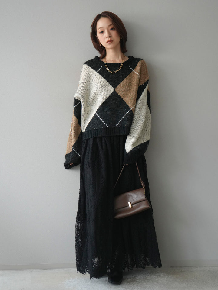 [SET]配色ステッチアーガイル柄ニットプルオーバー+ヴィンテージライクメッシュレーススカート(2set)
