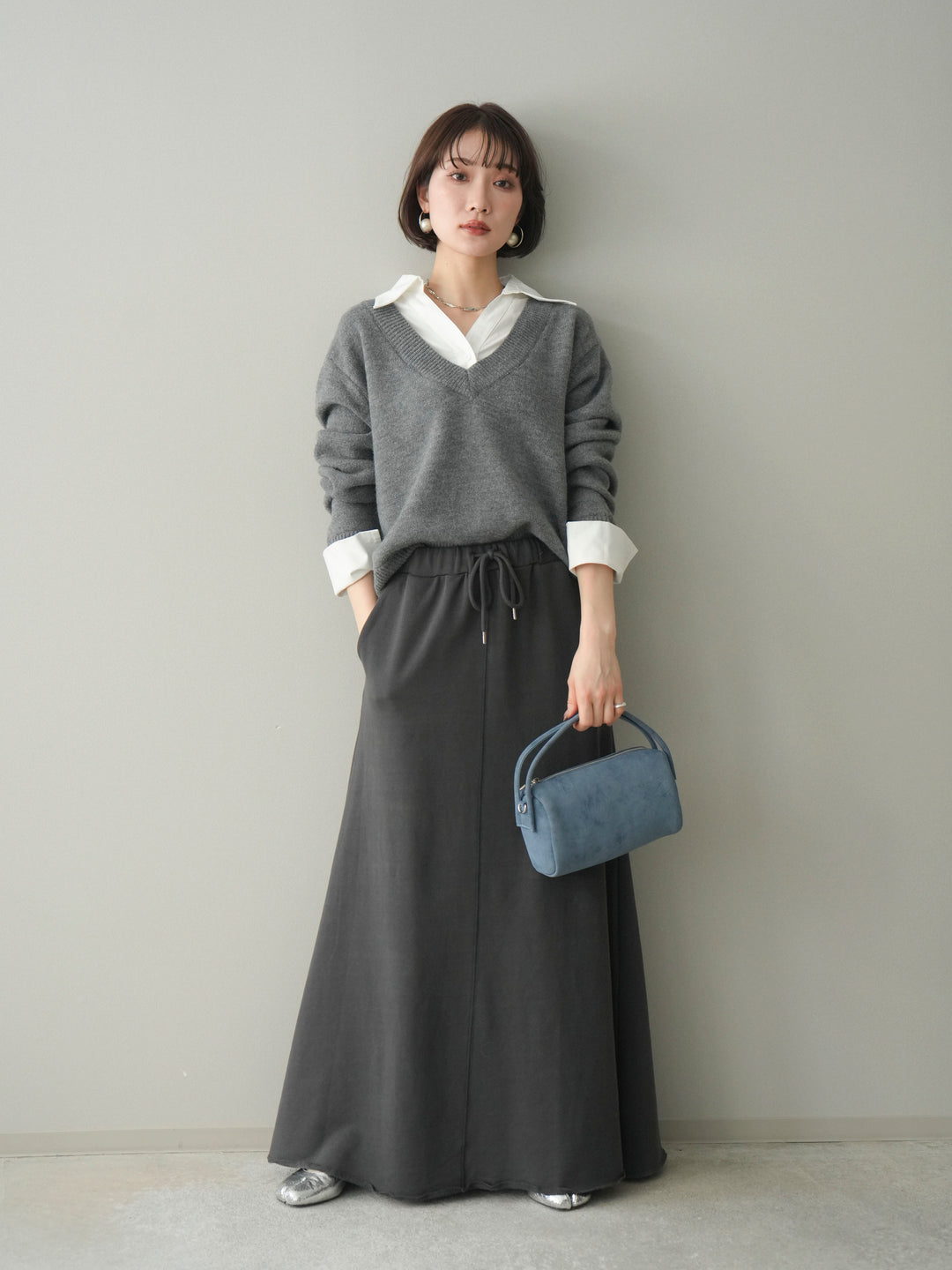 [予約]シャツドッキングVネックニットトップス/gray