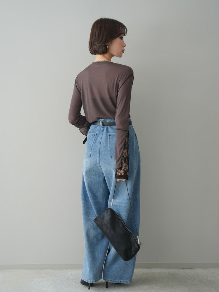 [SET]袖レースレイヤードデザインメロートップス+ハイウエストベルトループデザインデニムパンツ(2set)