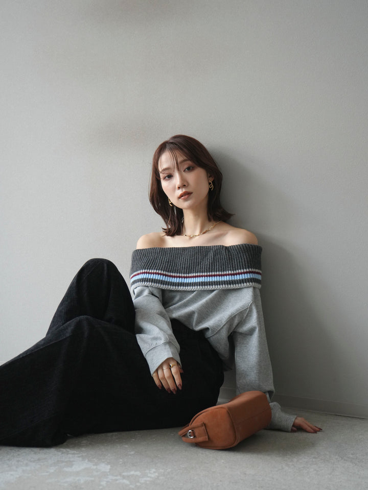 [予約]ボーダーニットオフショルダーxスウェットプルオーバー/gray