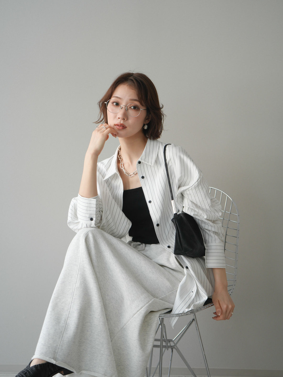 [SET]2WAYカシュクールストライプブラウス+スウェットフレアロングスカート(2set)