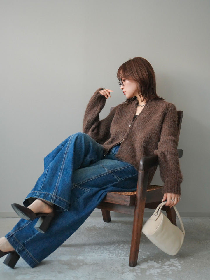 [予約]MIXヤーンモヘアタッチZIPニットカーディガン/brown