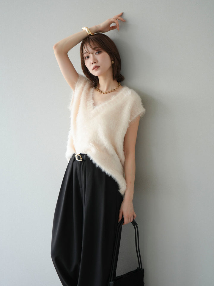 [SET]ラメシャギーVネックニットベスト+ベルトループデザインワイドパンツ(2set)