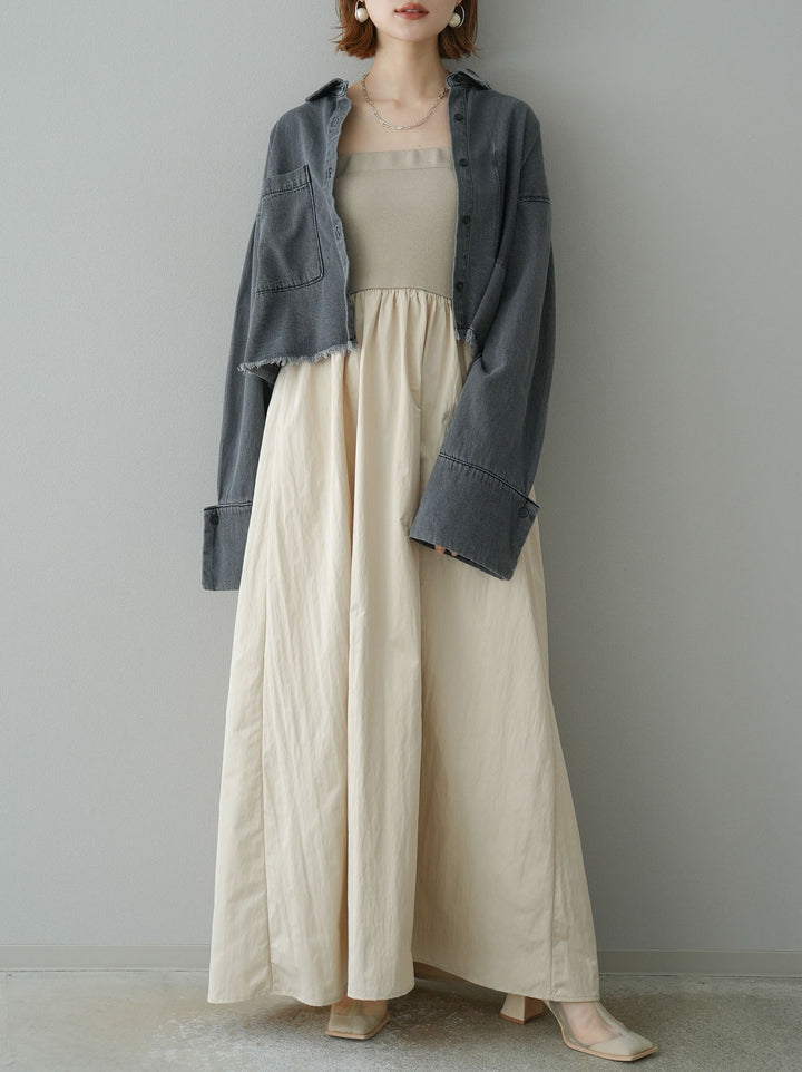 [預訂] 針織 x 塔夫綢小熊洋裝/米色