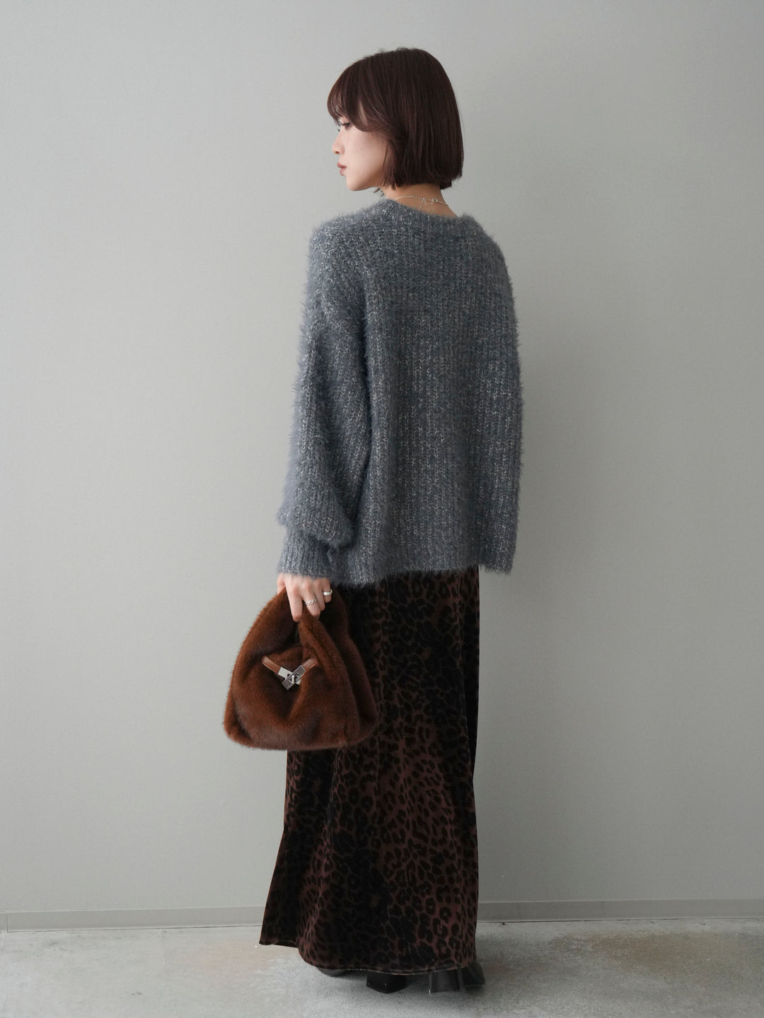 [SET]ボリュームスリーブシャギー MIXニットプルオーバー+レオパードベロアナロースカート(2set)