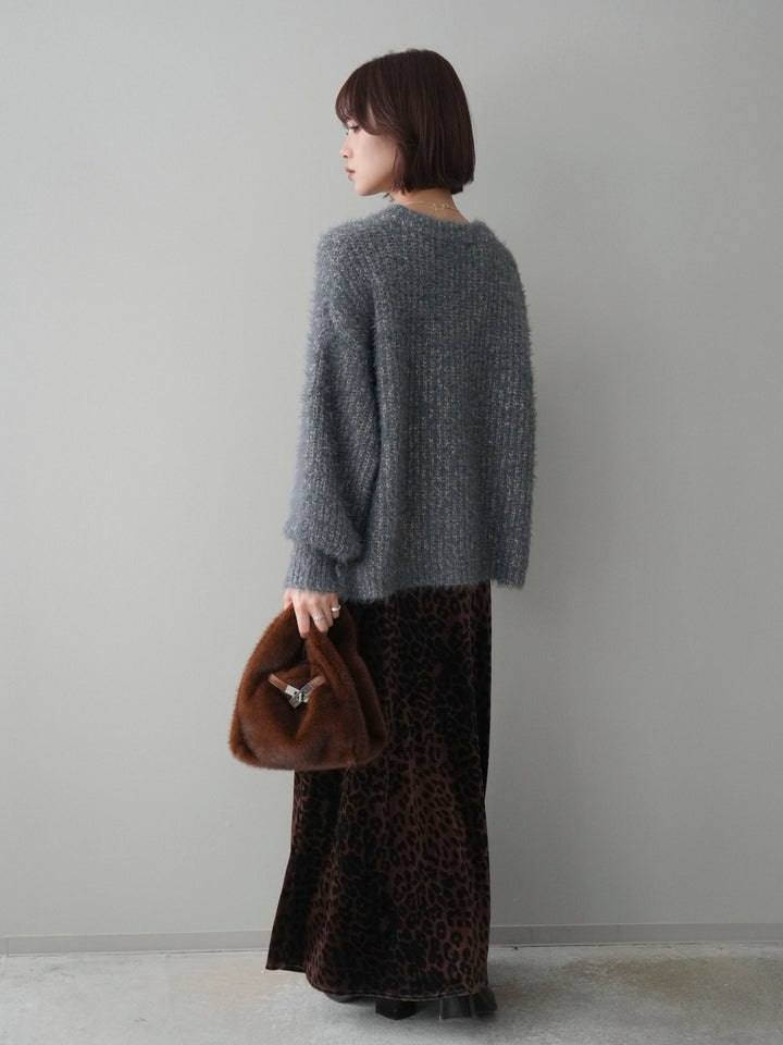[SET]ボリュームスリーブシャギー MIXニットプルオーバー+レオパードベロアナロースカート(2set)
